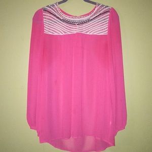 Umgee Long Sleeve Pink Blouse w/ Crochet Neck